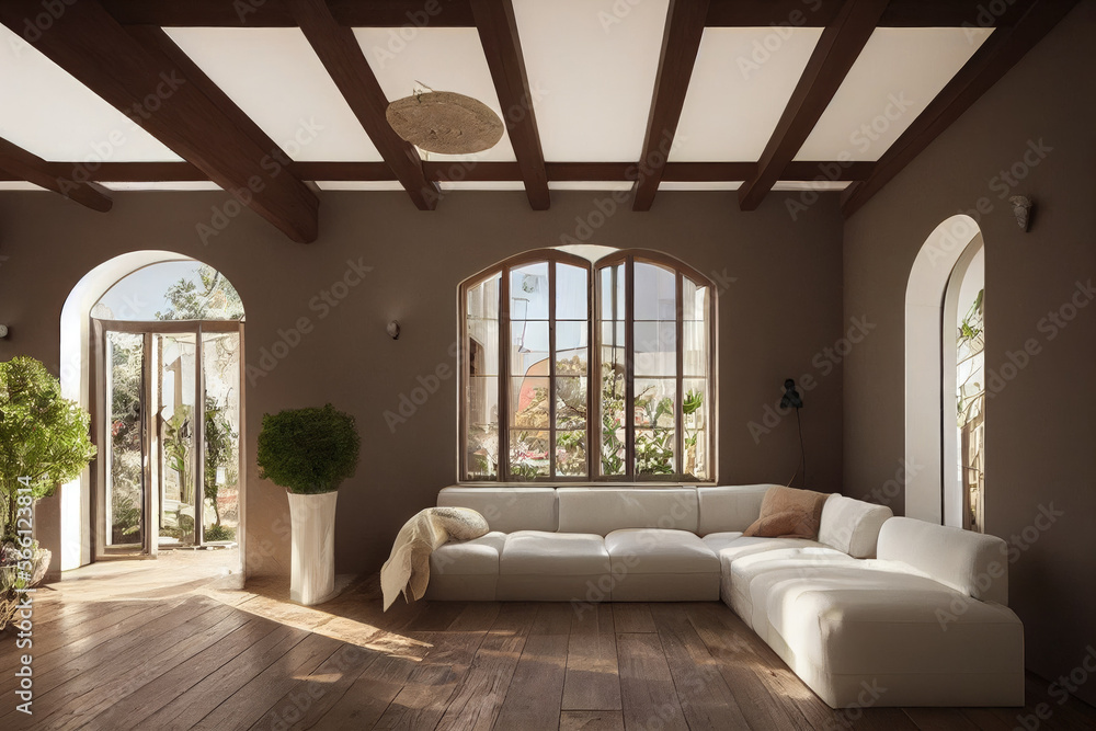 Bright Sunny Luxury Spanish Modern Living Room Interior with Arch Windows and Wood Beam Ceiling. Staged Furniture Made with Generative AI Bright Sunny Luxury Spanish Modern Living Room Interior with Arch Windows and Wood Beam Ceiling. Staged Furniture Made with Generative AI
