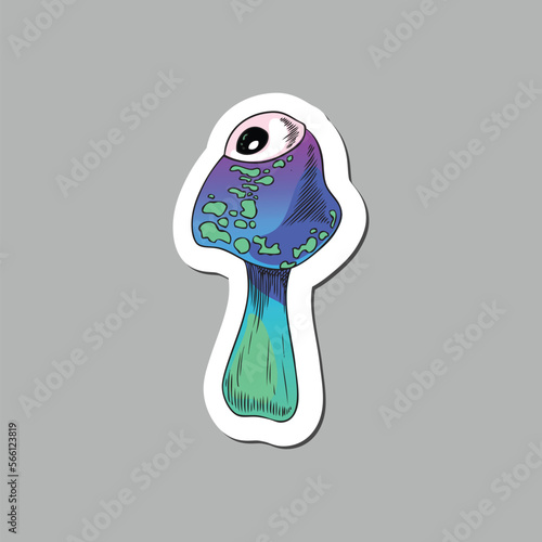 Sticker with fantasy psychedelic monster mushroom vector illustration isolated.