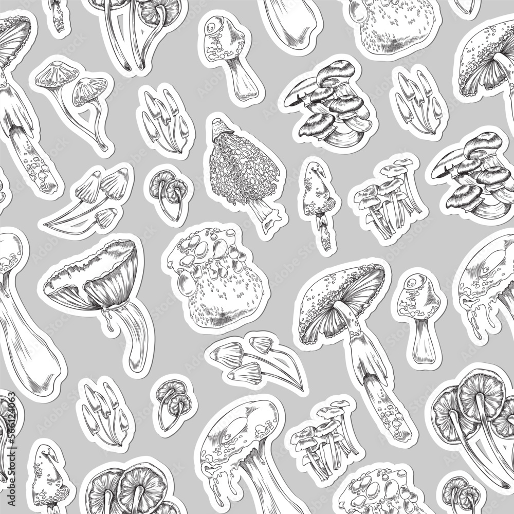 Seamless pattern design with mushrooms and toadstools, vector illustration. Seamless pattern design with mushrooms and toadstools, vector illustration.
