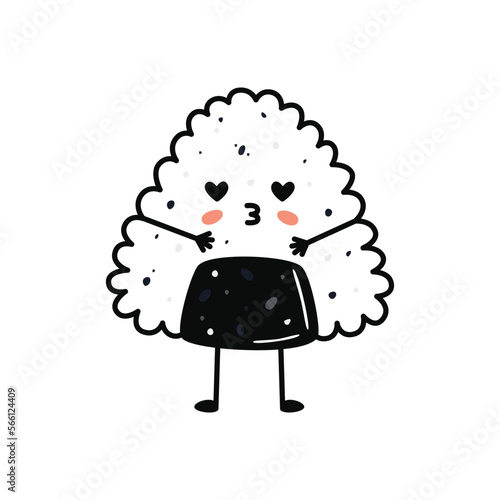 Kawaii sushi mascot in cartoon style. Cute onigiri with salmon for menu