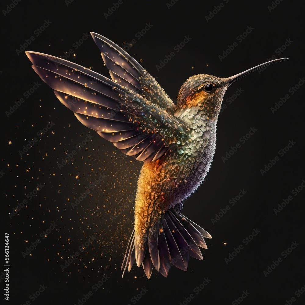 Fototapeta premium colibri covered in golden glitter with Generative AI
