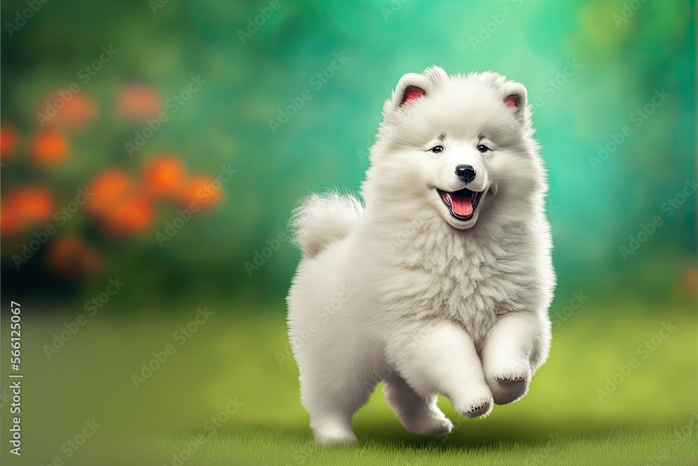 portrait of a purebred dog samoyed smile happiness. Generative AI