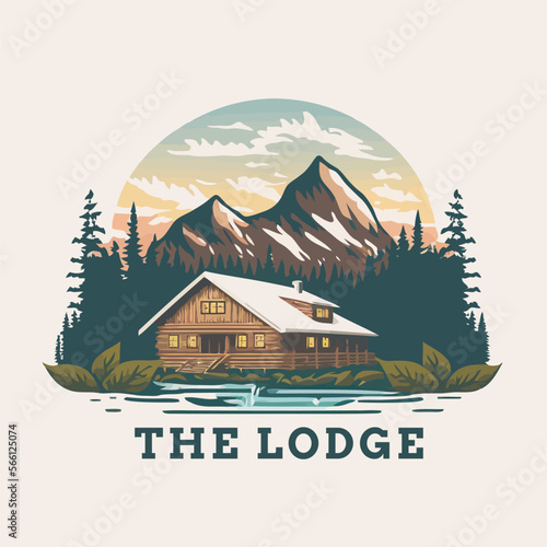 lodge badge logo, Wood cabin nature forest logo vector illustration