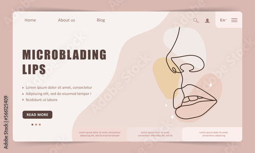 Microblading lips. Landing page template. Lip tattoo lipstick effect. Permanent makeup. Abstract minimalistic female portrait on colored spots. Girl facial treatment. Linear vector illustration.