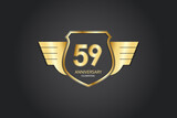 59 years anniversary logotype 3D golden stylized modern shape winged shield on black background