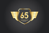 65 years anniversary logotype 3D golden stylized modern shape winged shield on black background