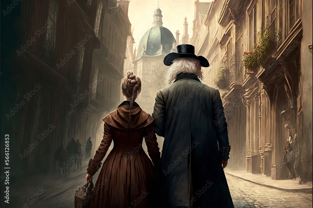 Naklejka premium Romantic Walk Through a Historic City Back View