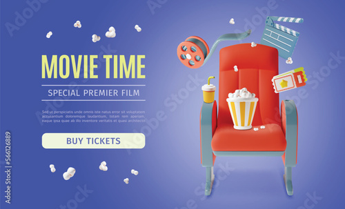 3d Movie Time Ads Banner Concept Poster Card with Button Buy Tickets Plasticine Cartoon Style . Vector illustration
