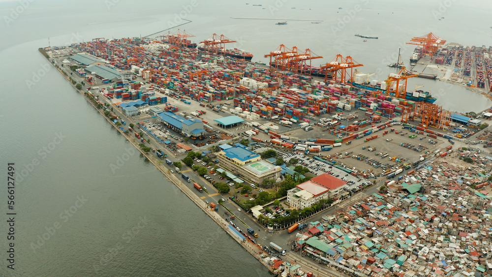 Aerial view of Sea port with container terminal in the city of Manila. Largest cargo port. modern harbor and global trade background ,Philippines.