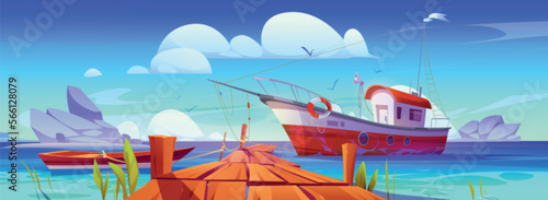 Fishing boats at pier in lake, river or sea harbor. Summer landscape with dock with boardwalk, wooden boat and fishery ship and stones in water, vector cartoon illustration