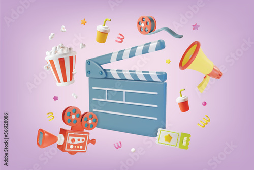 3d Cinema Movie Concept Video Shooting Clapboard and Camera with Elements Around Plasticine Cartoon Style. Vector illustration