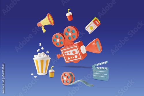3d Cinema Movie Concept Video Projector with Different Elements Around Plasticine Cartoon Style. Vector illustration