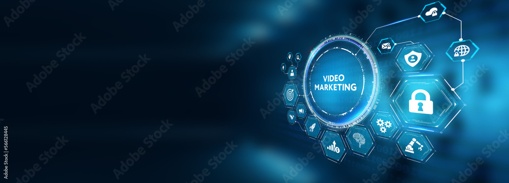 Video marketing and advertising concept on screen. Business, Technology, Internet and network concept. 3d illustration Video marketing and advertising concept on screen. Business, Technology, Internet and network concept. 3d illustration