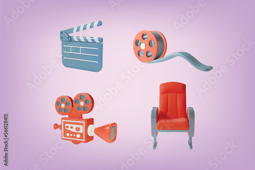 3d Cinema Movie Filmmaking Elements Set Plasticine Cartoon Style Include of Clapboard, Film Reel, Camera and Armchair. Vector illustration