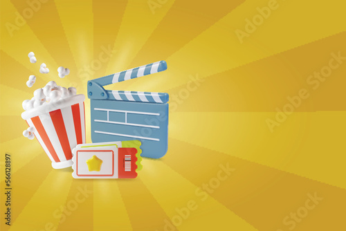 3d Cinema Movie Concept on a Yellow Background with Rays or Stripes. Vector illustration of Video Shooting Clapboard, Ticket and Popcorn Bucket