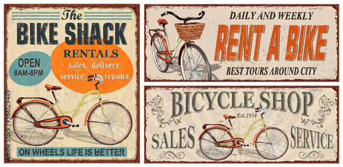 Set of vintage bicycle metal signs,Rent a bike, Bicycle Shop retro poster.