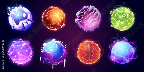 Leinwand Poster Magic balls, crystal spheres and energy orbs with glow, lightnings, fire and sparks