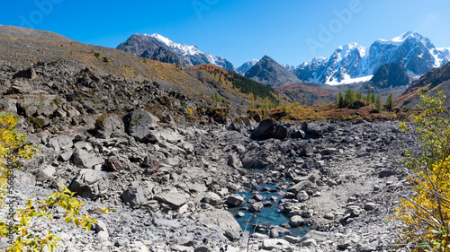 Dry bottom without water of a lake with stones and a small stream in the mountains against the backdrop of snowy peaks with glaciers in Altai during the day.