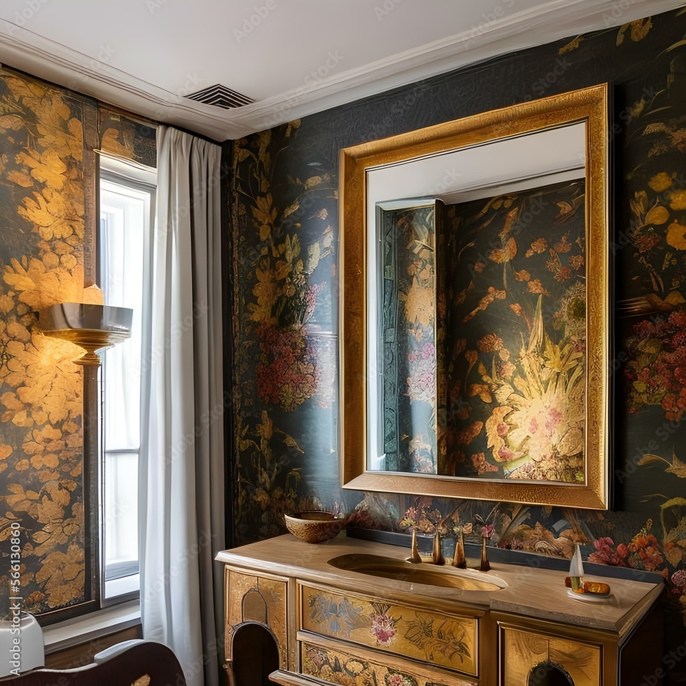 Contemporary art nouveau powder room with a floral wallpaper and a ...