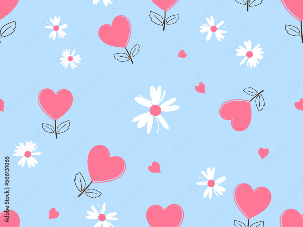 Seamless pattern with heart flower and hand drawn daisies on blue background vector illustration.
