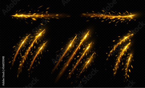 Iron cut effect with fire sparks and light lines. Abstract yellow tracks with sparkles of metal welding, grinder or steel cut isolated on transparent background, vector realistic illustration