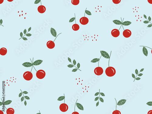 Seamless pattern of cherry fruit with green leaves on blue background vector.