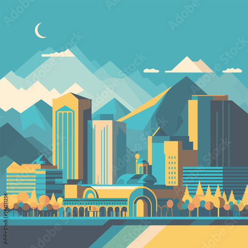 Almaty city skyline silhouette in geometric flat poster style, cityscape with buildings, mountains, abstract horizontal banner postcard. Vector illustration