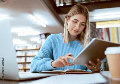 Cuadro en lienzo Education, university and woman in library with tablet, research and books for school project or exam