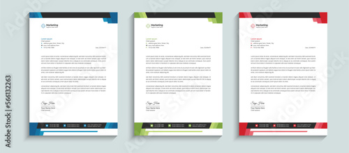 Clean and Minimal professional corporate business letterhead template design. Creative company business brand stationary identity and cover layout template with red, blue, and green colors variation.