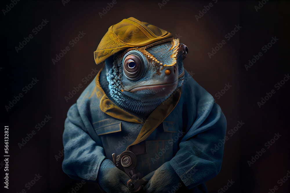 Portait fo a Chameleon in a mechanic's blue boilersuit, ready for work, generative ai Portait fo a Chameleon in a mechanic's blue boilersuit, ready for work, generative ai