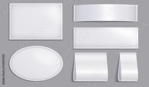 Blank clothes tags, fashion labels with seams. Empty white fabric badges for shirts, dresses and apparel with stitches isolated on transparent background, vector realistic set