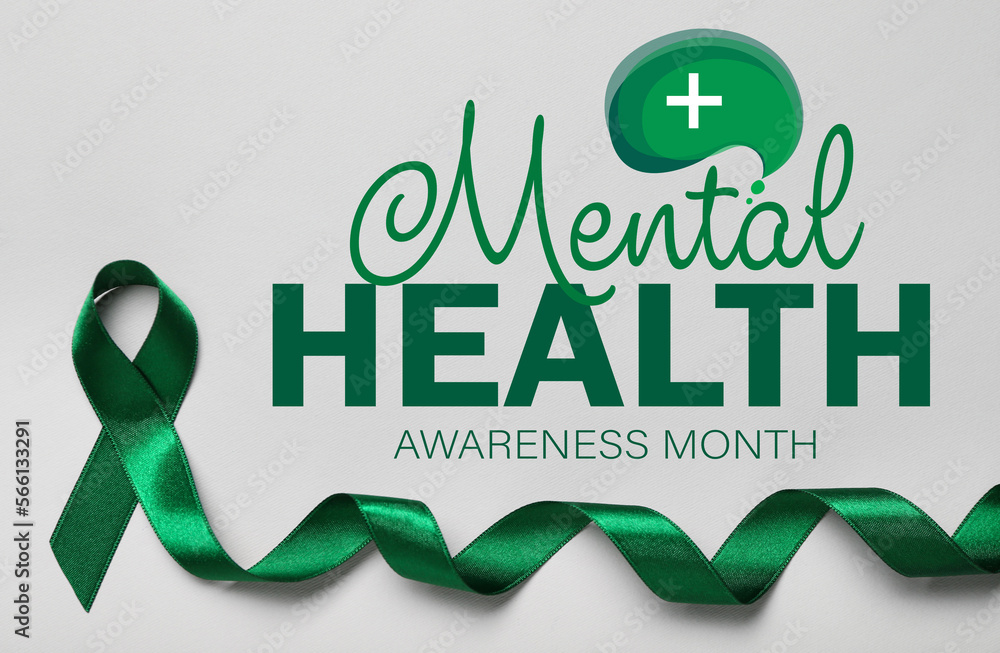 Green ribbon and text MENTAL HEALTH AWARENESS MONTH on light background - obrazy, fototapety, plakaty 