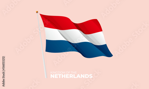 Netherlands flag waving at the flagpole. Vector 3D