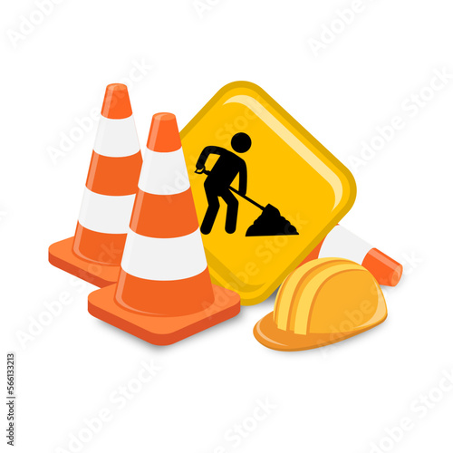 Traffic cones and under construction warning sign. Road safety and prevention of accidents during road construction.