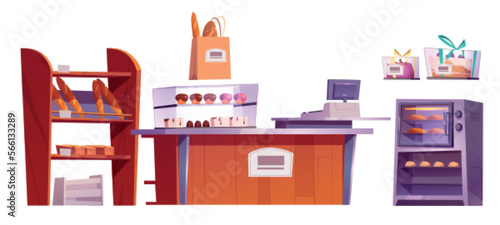 Cartoon set of bakery shop interior elements isolated on white background. Vector illustration of shelf with fresh baked bread, electric oven, bag of pastry, cakes, muffins on showcase, cash register