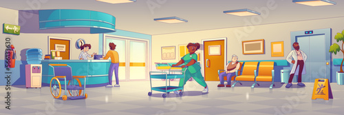 Hospital staff and patients in clinic corridor. Male and female characters making appointment at reception, happy nurse smiling, wheelchair, doctor waiting elevator. Contemporary vector illustration