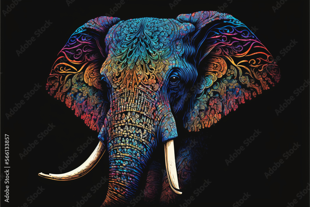 Obraz premium Colorful Elephant in a psychedelic style background, Rainbow Elephant fantasy, Neon Elephant, generative ai.