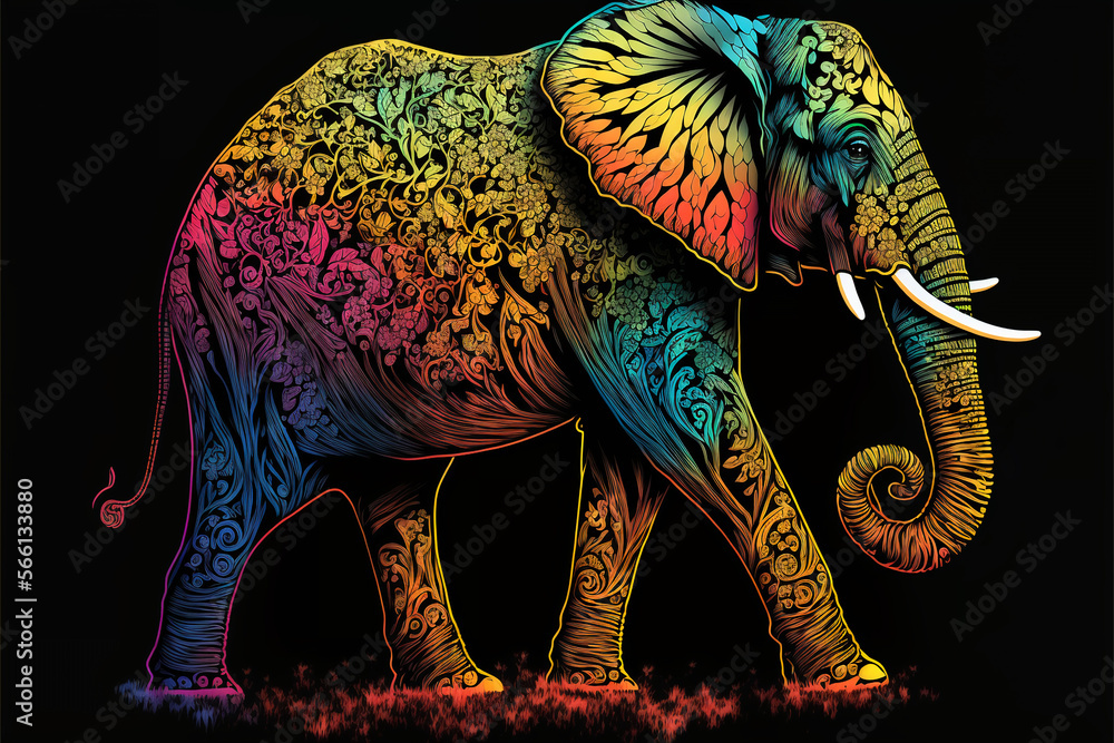 Obraz premium Colorful Elephant in a psychedelic style background, Rainbow Elephant fantasy, Neon Elephant, generative ai.