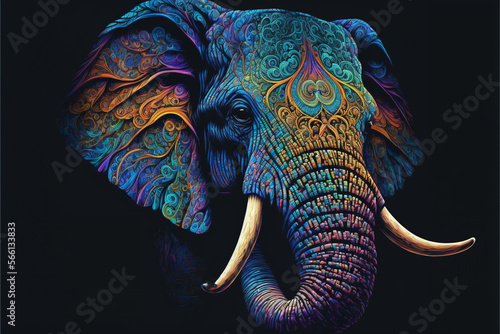 Fototapeta Colorful Elephant in a psychedelic style background, Rainbow Elephant fantasy, Neon Elephant, generative ai
