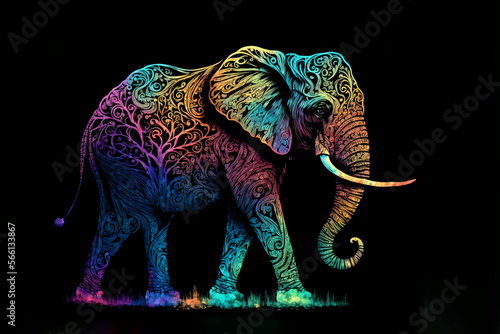 Colorful Elephant in a psychedelic style background  Rainbow Elephant fantasy  Neon Elephant  generative ai.