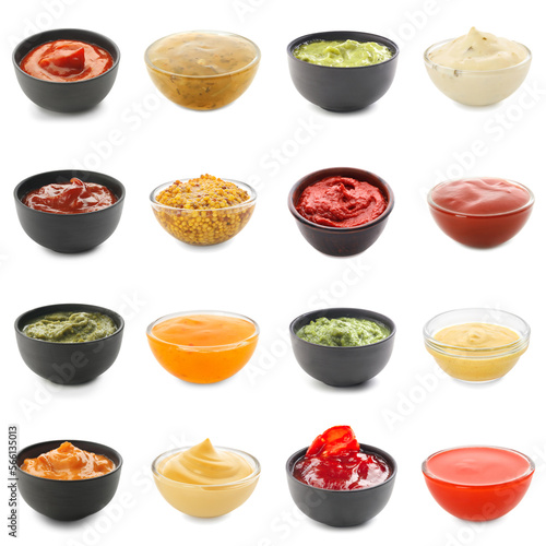 Collage of natural sauces in bowls on white background