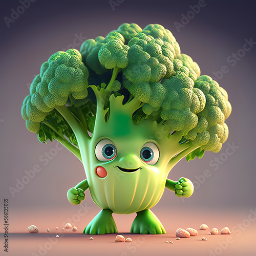 Cute broccoli cartoon 3D character. Generative Ai