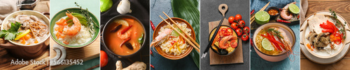 Collage of tasty Thai soups, coseup photo