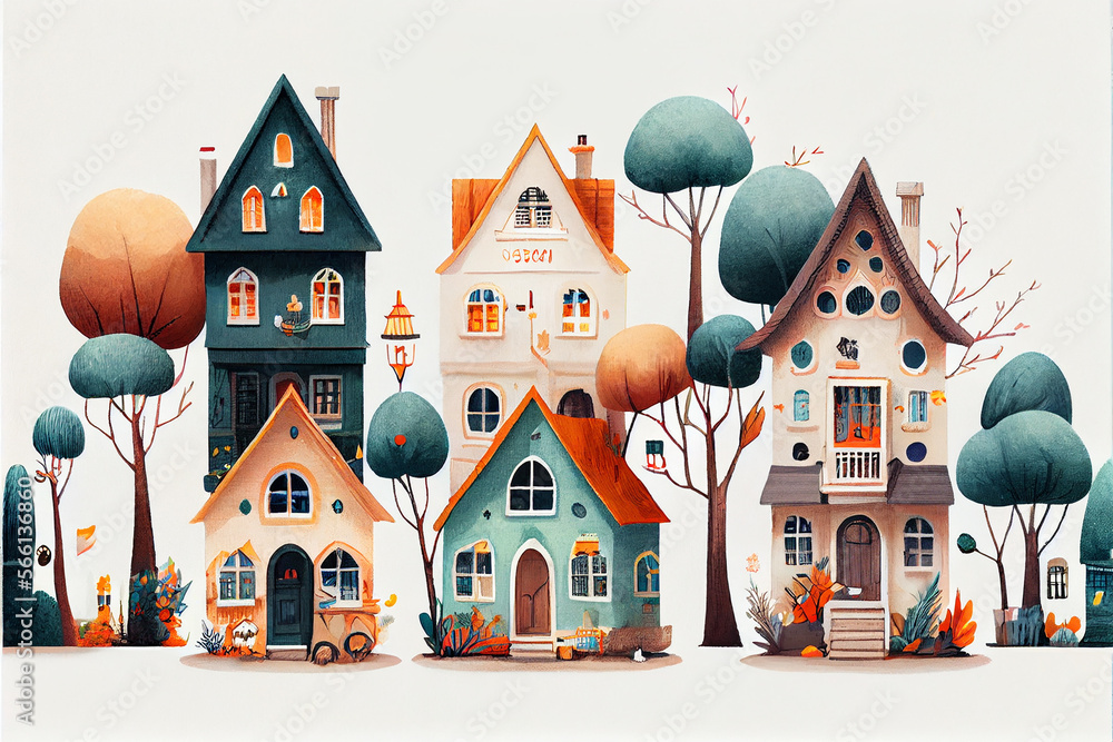 Cartoon. cute houses on a white background. generative ai