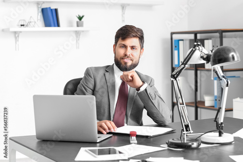 Handsome young businessman working at table in office