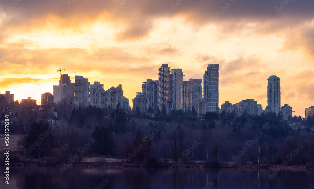 Residential apartments highrises in Metrotown Area. Taken in Deer Lake, Burnaby, Vancouver, BC, Canada. Sunset
