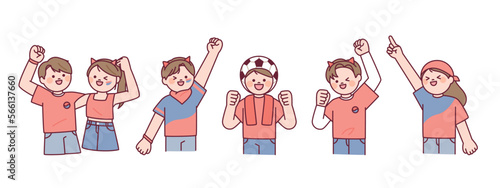 Korean football cheering team Red Devils. People in red t-shirts are cheering with their hands up.