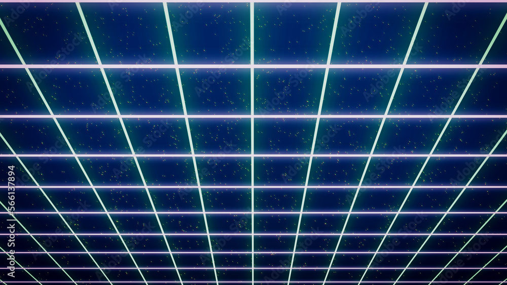 Retro style 80s-90s galaxy background. Futuristic Grid landscape. Digital Cyber Surface. Suitable for design in the style of the 1980s-1990s. 3D illustration