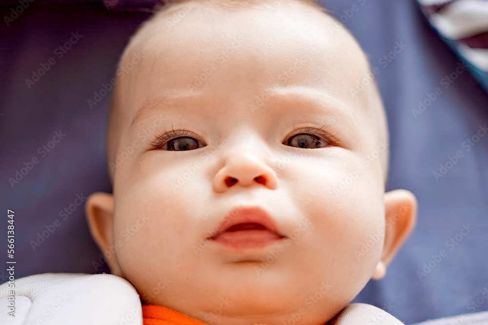 Close-up portrait of a happy baby. The plump face of a newborn with a blissful smile. Sweet smile of a calm child Close-up portrait of a happy baby. The plump face of a newborn with a blissful smile. Sweet smile of a calm child
