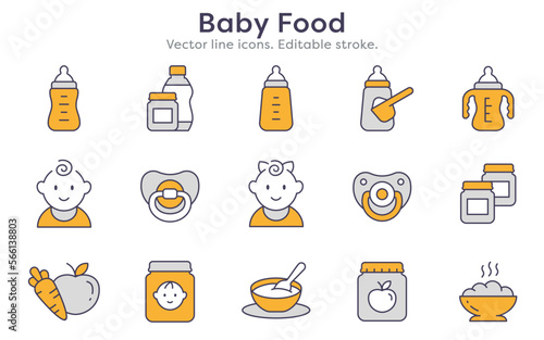 Baby food line icons, such as milk, jar, powder, porridge and more. Editable stroke.